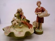 A Royal Dux shell dish, surmounted by seated female figure and two doves,