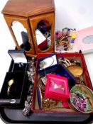 A tray of jewellery boxes, costume jewellery,
