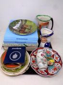 A tray of assorted ceramics to include Imari scalloped edge dish, character jug,