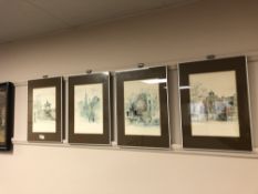 Four colour prints depicting buildings and monuments,