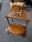An Edwardian inlaid mahogany scalloped edged serving tray with brass handles together with two