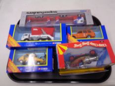 A tray of Corgi 05031 Chitty Chitty Bang Bang, boxed, Corgi Super Hauliers car transporter,