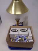 A tray of brass ship's style table lamp with glass chimney together with two further glass chimneys