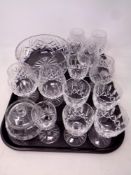 A tray of assorted glass ware, crystal fruit bowl, lidded preserve pot,