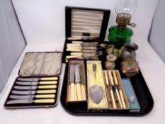 A tray of cased silver plated and stainless cutlery, butter knives, leaf server,
