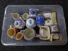 A box of Ringtons china, centenary caddies, ginger jars, chintz water jug,