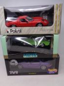 Three 1:18 scale die cast cars - Polistil Lamborghini, Mura Vitisse Trabi, Hot Wheels TVR speed 12,