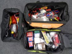 Three tool bags by Ryobi, Forge Steel and Bahco containing hand tools, screws, pump,