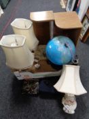 A box of wooden book troughs, pair of marble table lamps with shades,