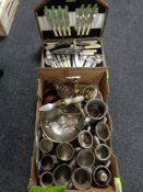 A 20th century oak canteen of plated cutlery together with a box of assorted metal ware to include