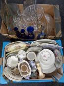 Two boxes of assorted ceramics and glass ware to include antique blue glass vases, continental dish,
