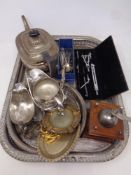 A tray of silver plated serving tray, plated wares including teapot, gravy boats, spoons,