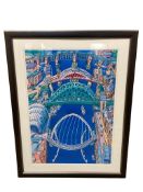 After John Coatsworth : Bridges of Newcastle upon Tyne, colour print, 58 cm x 84 cm, framed.