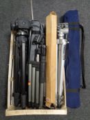 A crate of a quantity of camera tripods