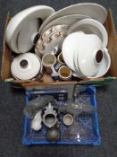 A box and a crate of Royal Doulton dinner ware, beer steins,