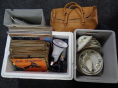 A leather bag together with two crates of vinyl LP's, 78's, Bull horn,