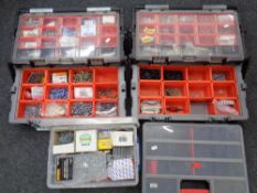 Two Black and Decker concertina workmate series boxes containing fixtures and fittings,