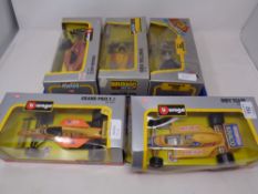 Five Burago 1:24 scale die cast racing cars - Ferrari 461/2, Benetton Ford, Gran Prix F.