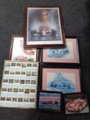 Six formula One framed prints, together with a set of Formula one top trumps in frame.