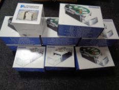 Eleven miniature filing cabinet business card holders, boxed.