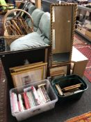 A rectangular gilt framed hall mirror together with a quantity of pictures, embroidery,