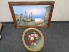 An oil on board depicting fishing boats in harbour,