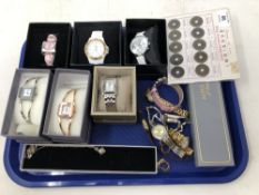A tray of costume jewellery, boxed watches including Strada, unboxed watches, Chinese coins,