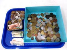 A tray of British and European coins including Victorian silver examples,