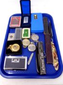 A tray of cut throat razors, modern pocket watches,