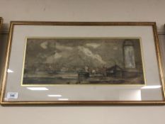 A antiquarian watercolour depicting a river mouth with light house and dwellings beyond. 44.