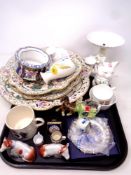 A tray of Capodimonte gilt plates, table lighter in the form of a horse and cart, commemorative mug,