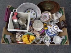 A box of miscellany to include brass and copper wall plaque, assorted ceramics,