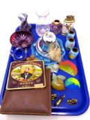 A tray of glass paperweights, boxed set of cake forks,