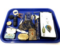 A tray of glass scent bottle, faux tortoiseshell comb,