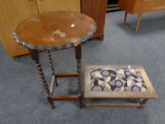 An Edwardian oak barley twist occasional table together with a further oak tapestry upholstered