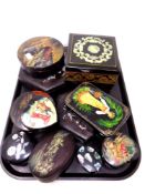 A tray of Japanese and Russian lacquered boxes