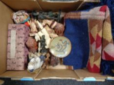 A box containing Japanese resin and porcelain figures, cloisonne plate depicting a dragon,