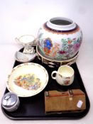 A tray of a painted porcelain jar in the manner of Sampson of Paris, Royal Doulton Bunnykins plate,