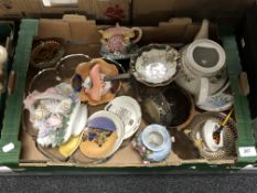 Two boxes containing assorted ceramics and glassware to include Japanese tea china,