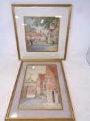 A watercolour study depicting a cobbled street in gilt frame and mount together with a further