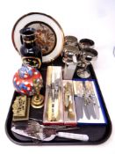 A tray of four stainless steel goblets, oriental ceramics,