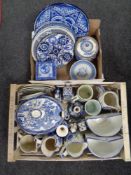 Two crates containing antique and later blue and white ceramics to include 19th century lidded