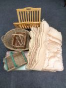 A beech magazine rack, wicker basket, trays,