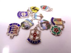 Ten silver charm crests.