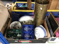 A box of brass stick pot, crystal glasses,