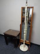 A pine cheval mirror together with standard lamp and shade and nest of tables