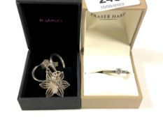 A sterling silver Pandora heart shaped ring together with a pair of earrings and a filigree pendant.