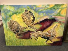 Contemporary school : Chickens, mixed media on canvas.