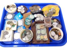 A tray of coins, commemorative crowns,