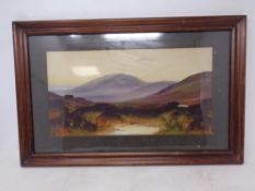 Twentieth century school : Moorland, watercolour, 37 cm x 20 cm, indistinctly signed, framed.